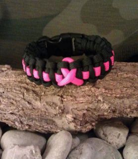 550 Paracord Survival Bracelet Black Cobra Pink Line and Ribbon Cancer 