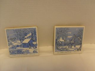 Currier & Ives Blue Tile trivets, Set of two, Cathay Tile