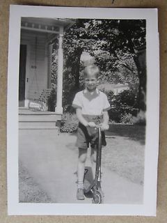   Boy Riding a Metal Push Toy Scooter Bike Vintage 1930s Photograph k