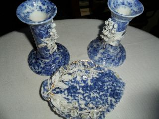 Antique STAFFORDSHIRE FLOW BLUE CANDLESTICKS w/Carved Lily of Valley 
