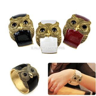   White Glazed Enamel open Bangle Cuff Free Vintage Big Eye Owl Bracelet