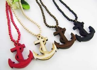   4pcs Boat Anchor Hooks Pendants Wooden Rosary Bead Chains Necklaces