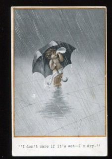   British Comic Postcard Baby Drinking Bottle Under Umbrella in Rain