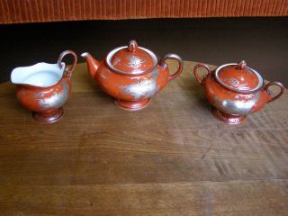 Antique Japanese HP Tea Set w/ Silver Dragon Inlay   Teapot, Creamer 