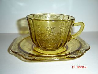 Vintage Madrid pattern, Amber depression glass, Cup and Saucer set.