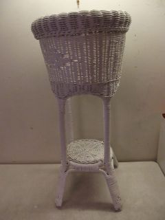 VINTAGE WHITE WICKER DOUBLE TIERED PLANT STAND