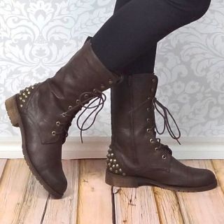 NEW HCB Dark Brown Faux Leather Lace Up Studded Heel Boots Punk Rock 