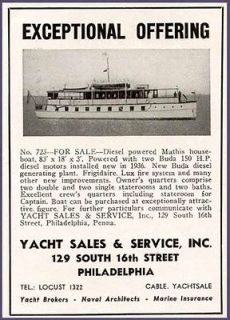 1939 AD FOR SALE OF 83 BUDA POWERED MATHIS HOUSEBOAT