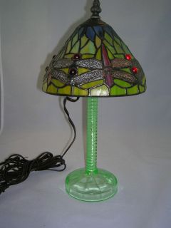 ELEGANT VASELINE BASE LAMP WITH STAINED GLASS DRAGONFLY SHADE