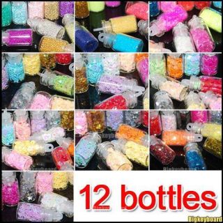 12 Mini Bottle Set Glitter Nail Art Powder Tips Rhinestone Decoration 
