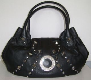 CHARM AND LUCK   Black Silver Studded 100% Leather Handbag   New 