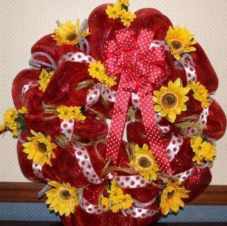 DECO MESH WREATH IN BRIGHT SHIMMERING RED DECO, WITH YELLOW SUNFLOWERS 