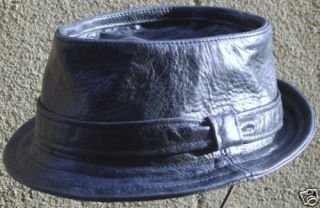 Pork pie hat battered black leather handmade S/M/L/XL