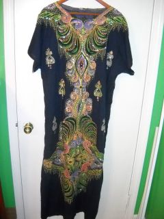   SEQUINED BEADED EGYPTIAN GOWN SHIRT DASHIKI HIPPIE TUNIC DRESS L LARGE