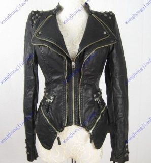   Punk Spike Studded Shoulder PU Leather Jacket Zipper coat Size S XL