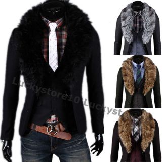   Mens Fashion Slim Two Buttons Fur Collar Suit Blazer Coat Jacket M2033