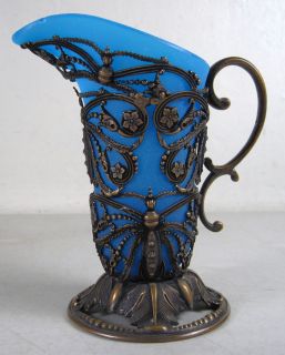 1880s Antique Aesthetic Butterfly Silverplate & Blue Glass Pitcher 