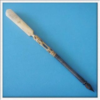   Antique Silver & Carved Faux Ivory Nib Dip Pen & Letter Opener