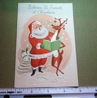 C27  Vintage Rust Craft Xmas Card Santa & Deer Singing Accented In 