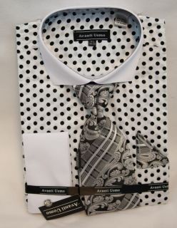 New Avanti Uomo Fashion Dress Shirt w/Tie and Cufflinks, White/Black 