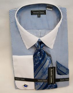New Avanti Uomo Fashion Dress Shirt w/Tie and Cufflinks, White/Blue 