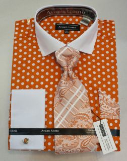 New Avanti Uomo Fashion Dress Shirt Orange/White Polka Dots. DN47M