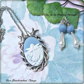 Wedgewood Blue dragonfly cameo, Tibetan Silver, necklace and earring 