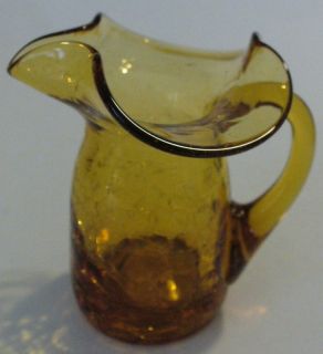 BEAUTIFUL AMBER CRACKLE GLASS MINIATURE PITCHER