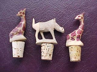 Set/3 Hand Carved Wood Wine Bottle Stoppers African Wild Animals 