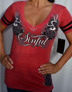   by Affliction Womans LOLA Burnout V Neck T Shirt   S2509   NEW   Red