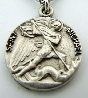 Round Patron Saint St Michael Catholic Pewter Medal Pendant & Chain 