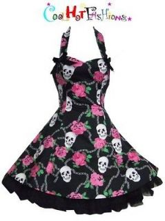 Black PInK Rose Skull mini Dress rockabilly Prom Bridesmaid Punk vtg 