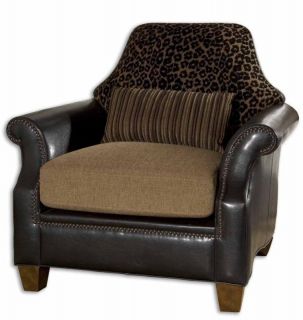 Black Faux Leather Leopard Print Brown Studded Armchair
