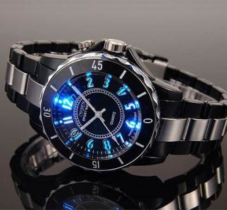   Black/white steel LED light Men boy Quartz Sport Band Wrist Watch