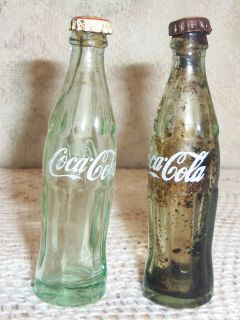   Miniature Coke Coca Cola Bottles Green Glass w/ Lids 3 1/8 Tall