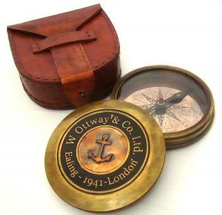 Ottways Collectible Brass Compass With Leather Case   Large Poem 