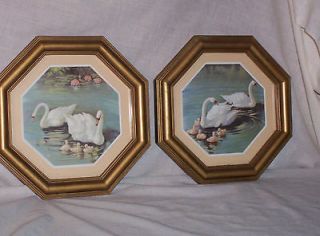   PAIR of HOMCO SWAN PICTURES # 3248 GOLD OCTAGONAL PLASTIC FRAMES