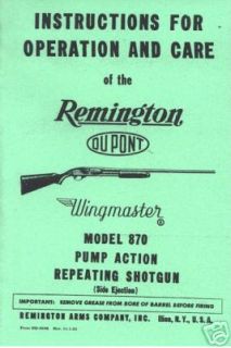 Remington Model 870 Wingmaster Shotgun Gun Owners Manual