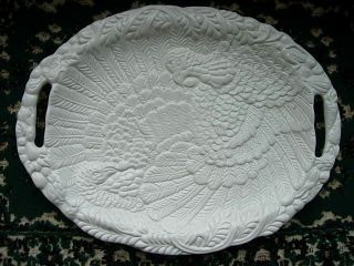 Unusual Collectible Very Large White Ceramic Embossed Oval Turkey 