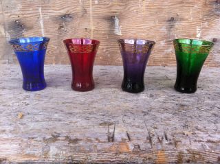 Set of 4 Vintage Multi Colored Glass Gold Gilt Cordial Wine Glasses