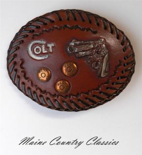 Vintage COLT WEST 45 CAL REVOLVER BELT BUCKLE Leather & Copper Pistol 