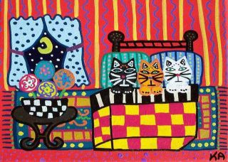 PRINT_Mexican Folk Art Cats Bed House Night Moon Window _ KERRI 