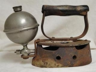 Antique Vintage Gas/Kerosene Clothes Iron w/Wooden Handle