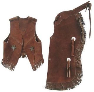   Size MEDIUM BROWN Suede Cowboy Chaps & Vest Western Set With Fringe