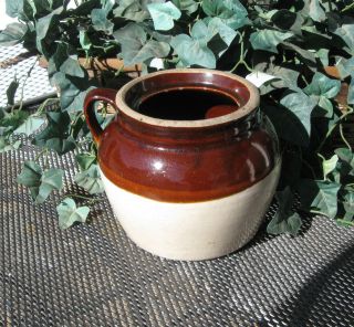   Ransbottom Pottery Earthenware Crock Bean Pot w/ Handle Blue Crown # 3