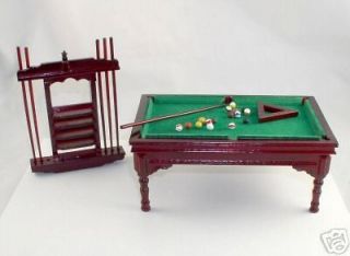 Dollhouse Mahogany Pool Table Set with Cue Holder Shelf