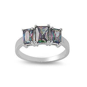 Rainbow Topaz Three Stone Emerald Cut Ring Sterling Silver