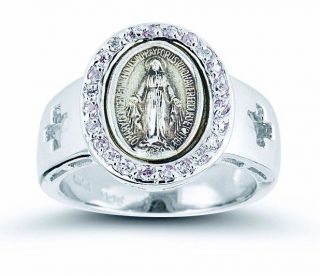  Womens .925 Sterling Silver Miraculous Medal Pink Cubic Zirconia Ring