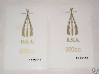 BSA motor Cycles piled arms side cover decals 500cc