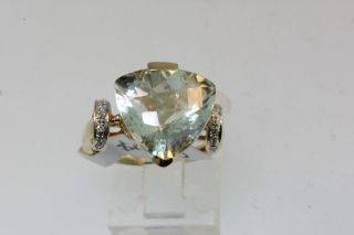   LEVIAN 10k Y/GOLD CUSHION CUT GREEN AMETHYST RING w/DIAMOND ACCENTS